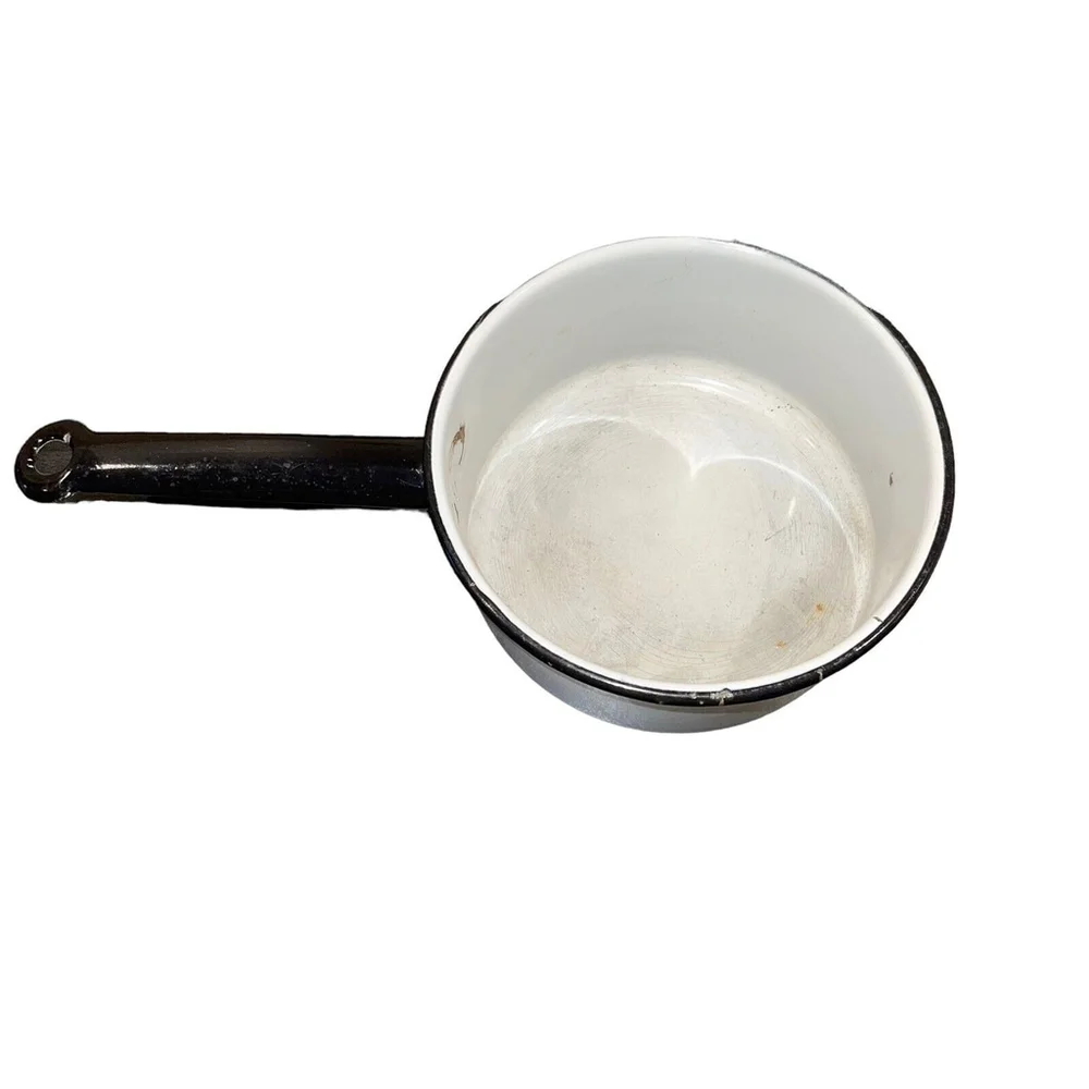 Vintage Enamelware White & Blue Small Sauce Pot With Lid For Decoration Only GUC
